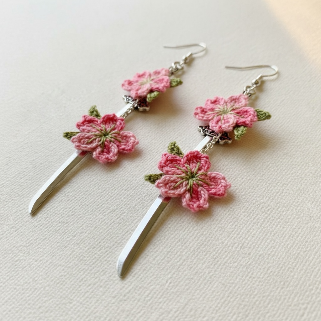 Micro-Crochet Cherry Blossom Katana Earrings — Purple Acorns Creations